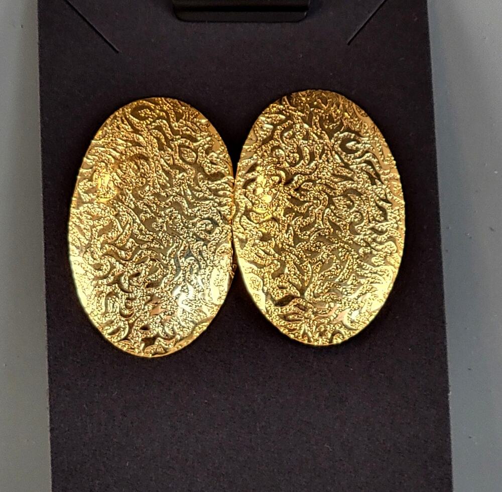 Gold Oval Pierced Earrings Embossed Metal 1.56"x0.94" Unbranded Vintage Retro